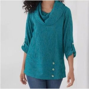Soft Surroundings Teal Blouse textured turtle / cowl neck